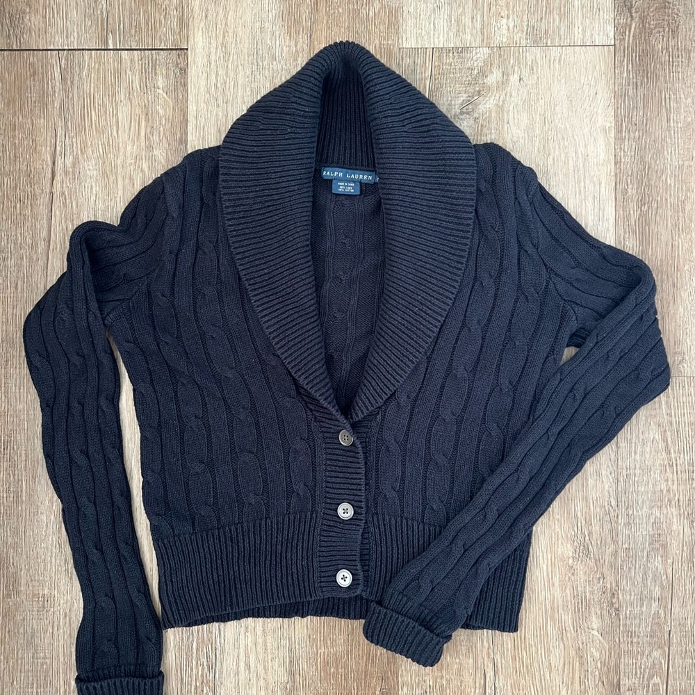 Ralph Lauren Navy Blue Cable Knit Shawl Collar Cardigan Size Small